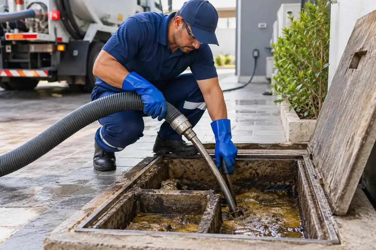 Equipe realizando limpeza de fossa séptica em Poá.