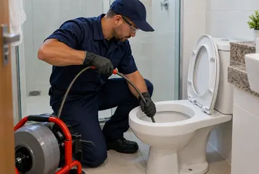 Especialista desentupindo um vaso sanitário em Poá.