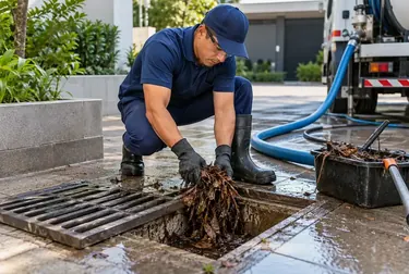 Técnico limpando uma caixa de gordura em Poá.