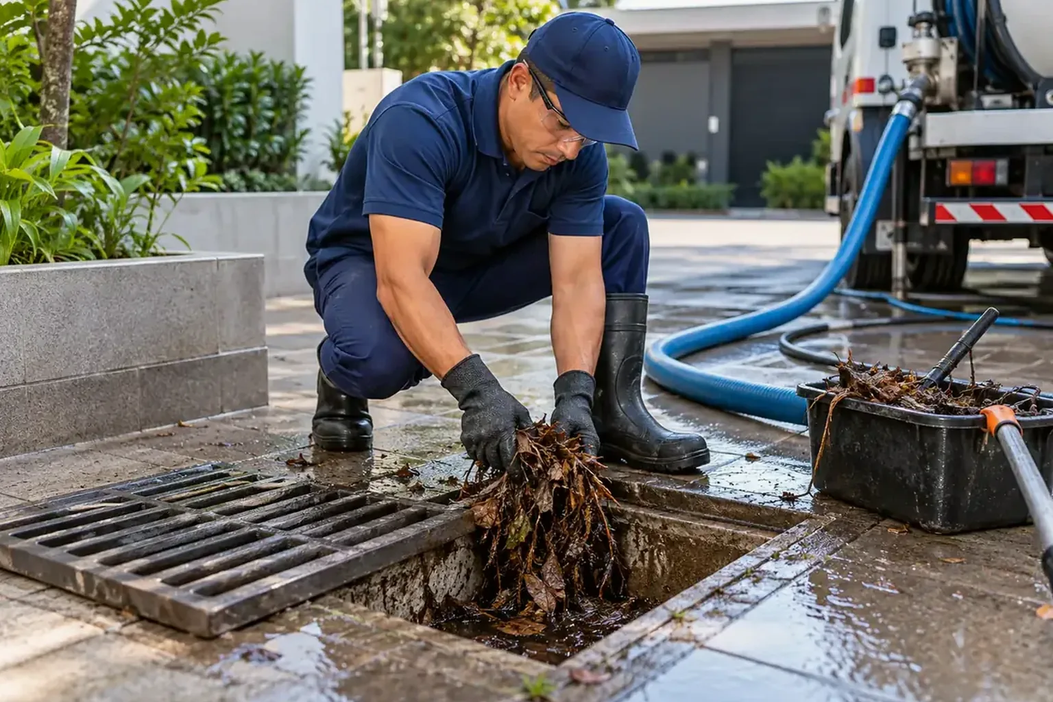 Técnico limpando uma caixa de gordura em Poá.
