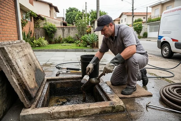 Técnico realizando limpeza de caixa de gordura em Poá.