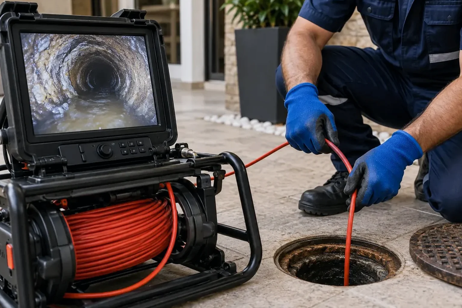 Técnico realizando manutenção em rede de esgoto em Poá.